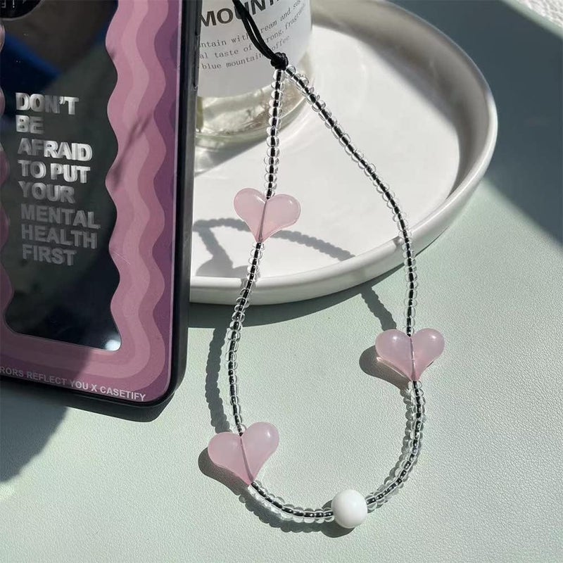 WCCH Beaded Phone Charm Y2K Kawaii Handmade Acrylic Phone Lanyard Wrist Strap for Camera Bag Airpods Keychain Charm Simple Pink Heart - Image 2